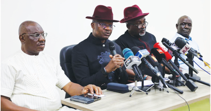 Delta State Commissioner, Rural Road and Public Information, Mr. Charles Aniagwu (2nd left); Chief Press Secretary (CPS) to the Governor, Sir Festus Ahon (2nd right), Executive Assistant to the Governor on Public Enlightenment (Project and Policy), Sir Olisa Ifejika (left), and the Director-General, Delta State Bureau for Orientation and Communication, Barr Fred Oghenesivebe (right) during a press briefing in Asaba. PX: ANTHONY NKEMDIRIM