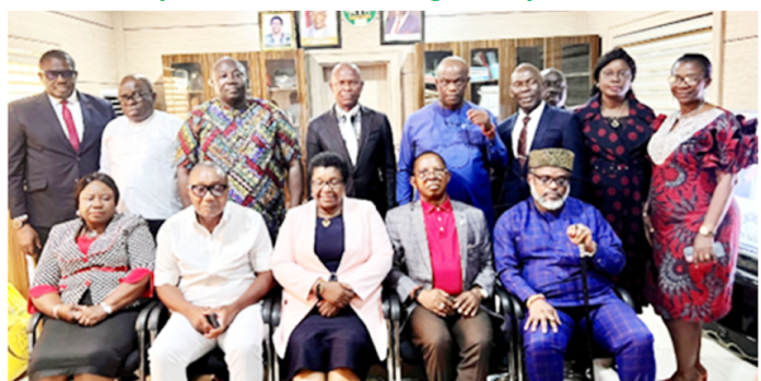 Sitting: Delta State Head of Service (HOS), Dr. (Mrs.) Mininim Oseji (middle), thevChairman, Delta State Contributory Health Commission (DSCHC), Dr. Austin Obidi (2nd left), Permanent Secretary, Ministry of Health, Dr. Philomena Okeowo (left), Director-General of DSCHC, Dr. Isaac Akpoveta (2nd right) and others, during a visit by Board members of DSCHC to the HOS in Asaba.