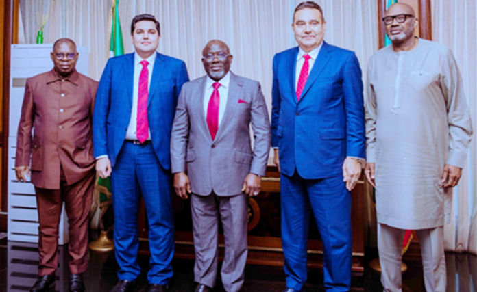 Delta State Governor, Rt. Hon. Sheriff Oborevwori (middle); his Deputy, Sir Monday Onyeme (left); Chief Executive Officer (CEO), Jampur Group, Mohammad Shafiq, (2nd right); his partner, Muhammad Asad Javeed, (2nd left), and the Secretary to the Delta State Government (SSG), Dr. Kingsley Emu (right) shortly after a closed door business/investment meeting between DTSG economic team and the foreign investors in Government House, Asaba, yesterday . PHOTO: BRIPIN ENARUSAI